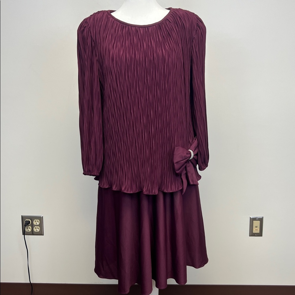 David Rose 80s Burgundy Dress with Shoulder Pads, Pleats and Bow Detail Size 14